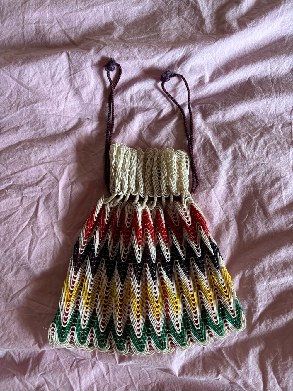 Vintage Multicolor Zigzag Drawstring Mini Bag with Cream Top